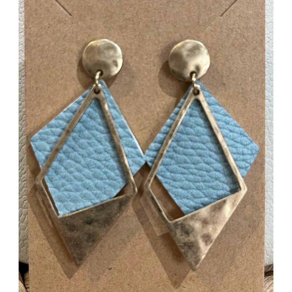 Vintage Hammered Gold-Tone & Leather Dangle Earrings Retro 1980s Punk 2.25in